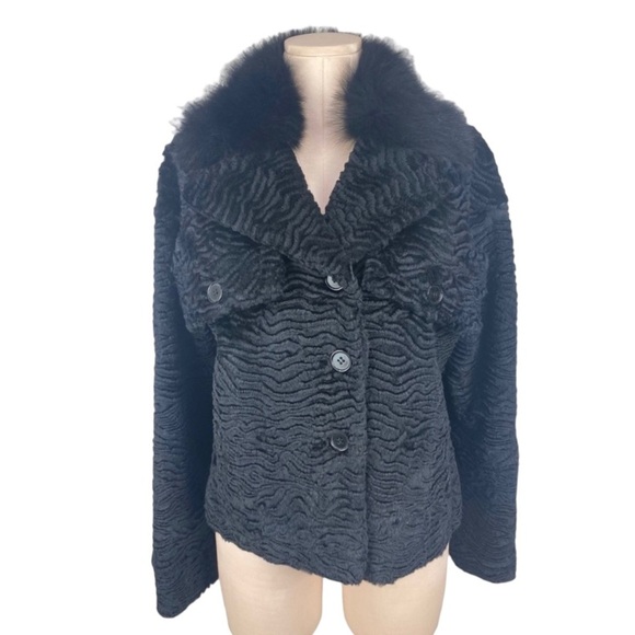 Glamourpuss Black Rabbit Fur Boxy Textured Jacket with Fox Fur Collar Medium - Picture 2 of 12
